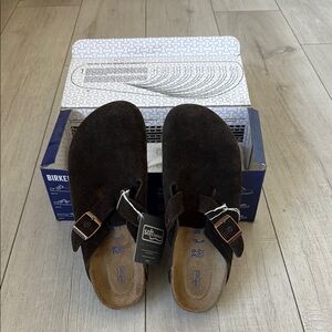 Birkenstock Brown Suede Clogs with Buckle